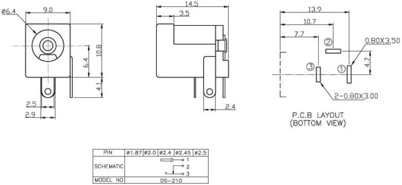 additional dc power socket pcb mount 21mm tehcnical details