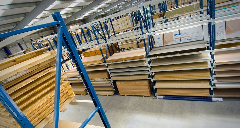 plywood stored on shelves