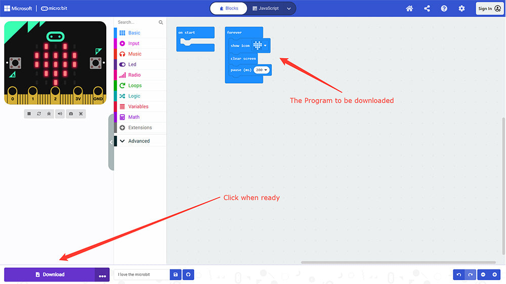 primary teachers micro:bit guite - screenshot of the download hex file button